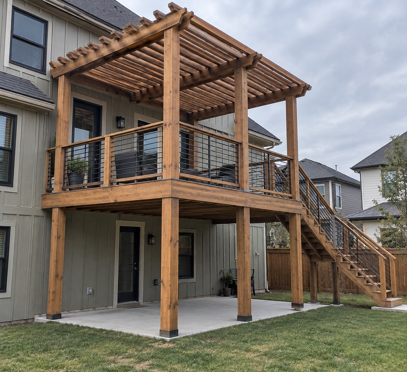Cedar Pergola with Cable Railing built by Colorado Outdoor Builders