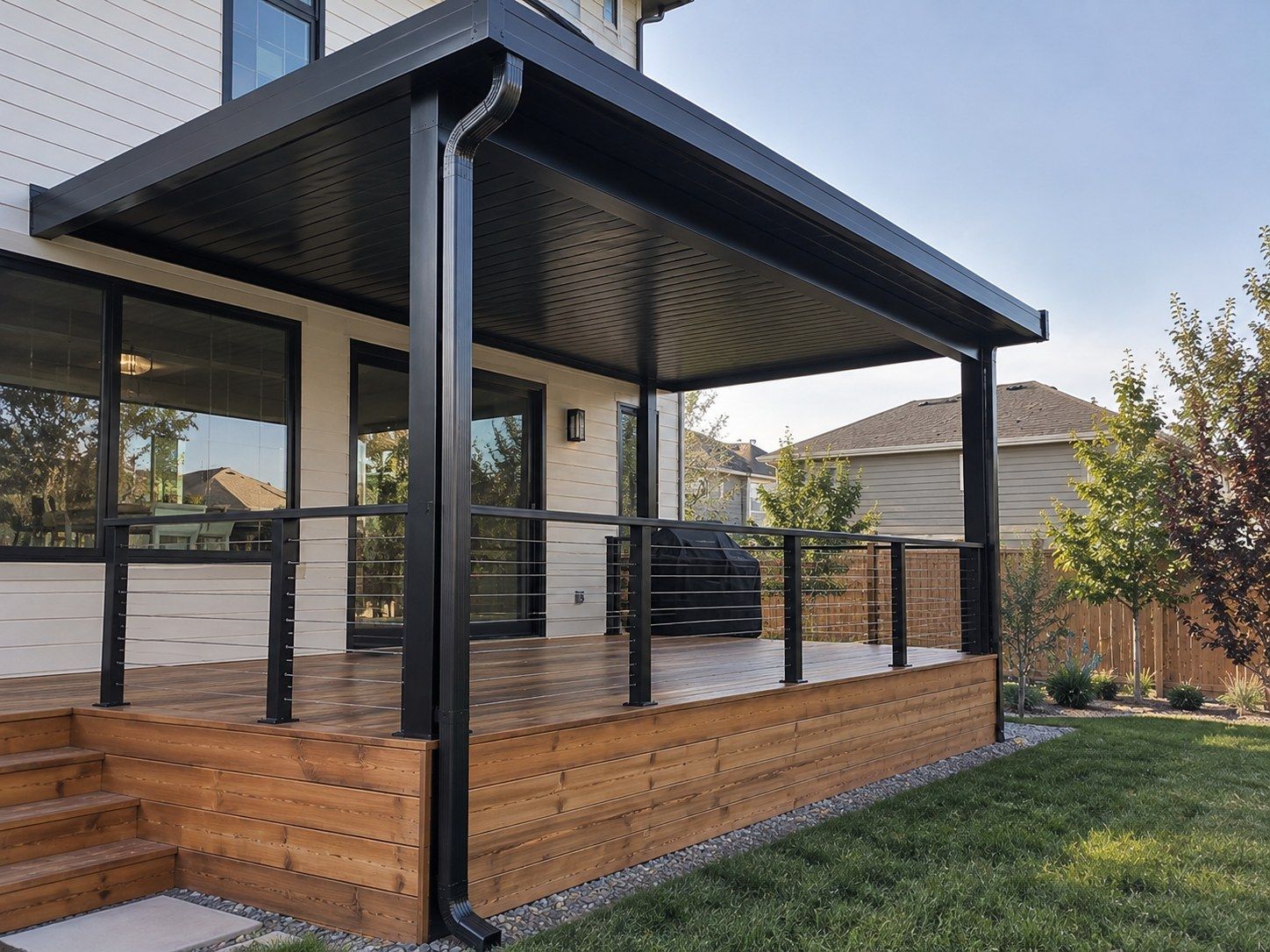 Black aluminum patio cover over a cedar deck built by Colorado Outdoor Builders