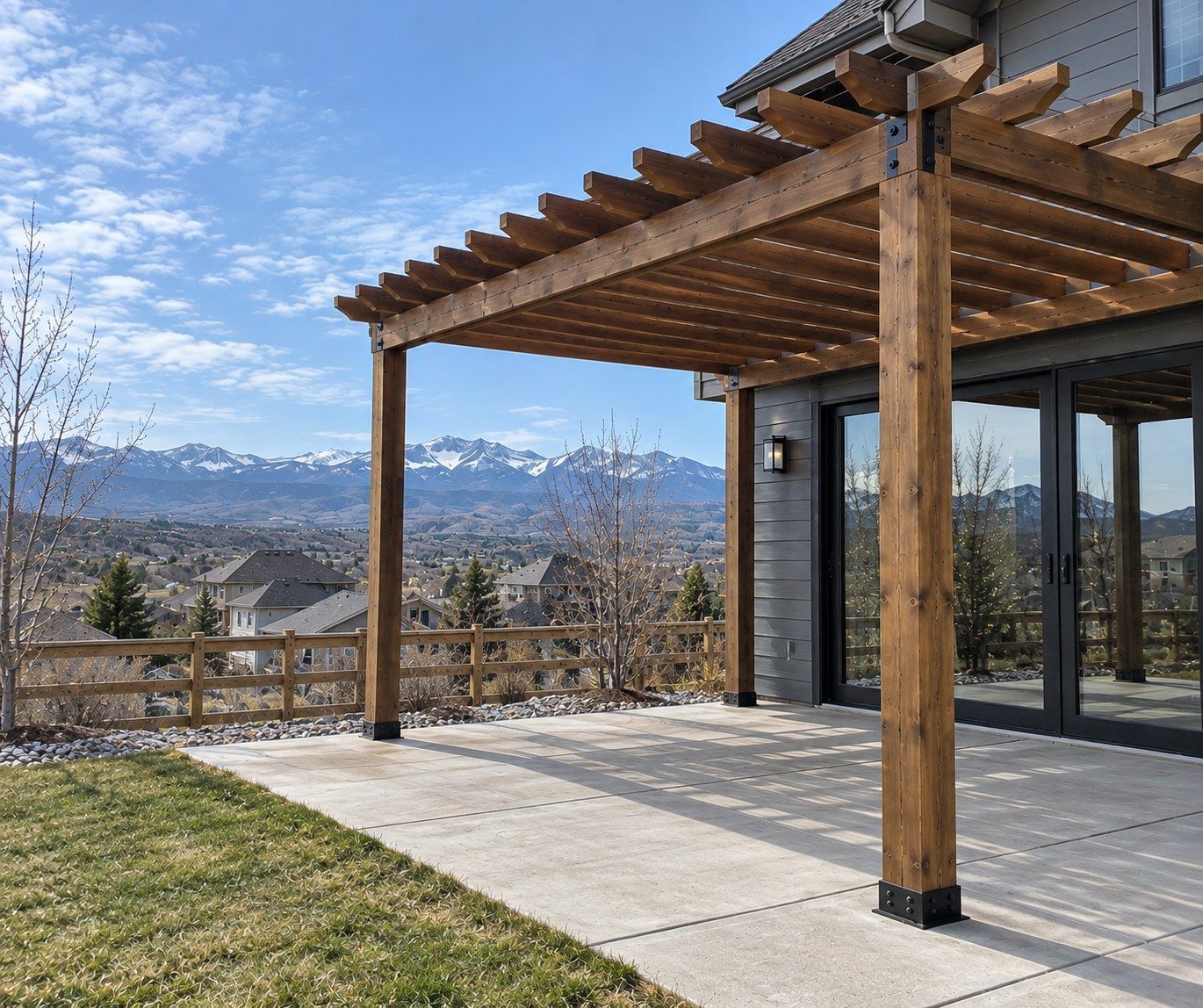 Cedar Pergola with Mountain View built by Colorado Outdoor Builders