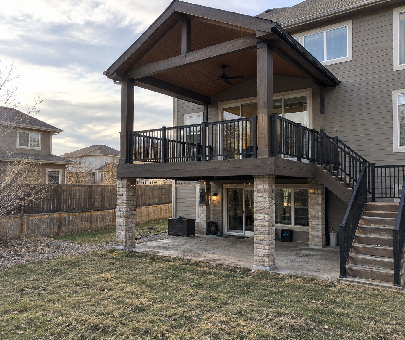 Covered Deck with Stone Columns built by Colorado Outdoor Builders