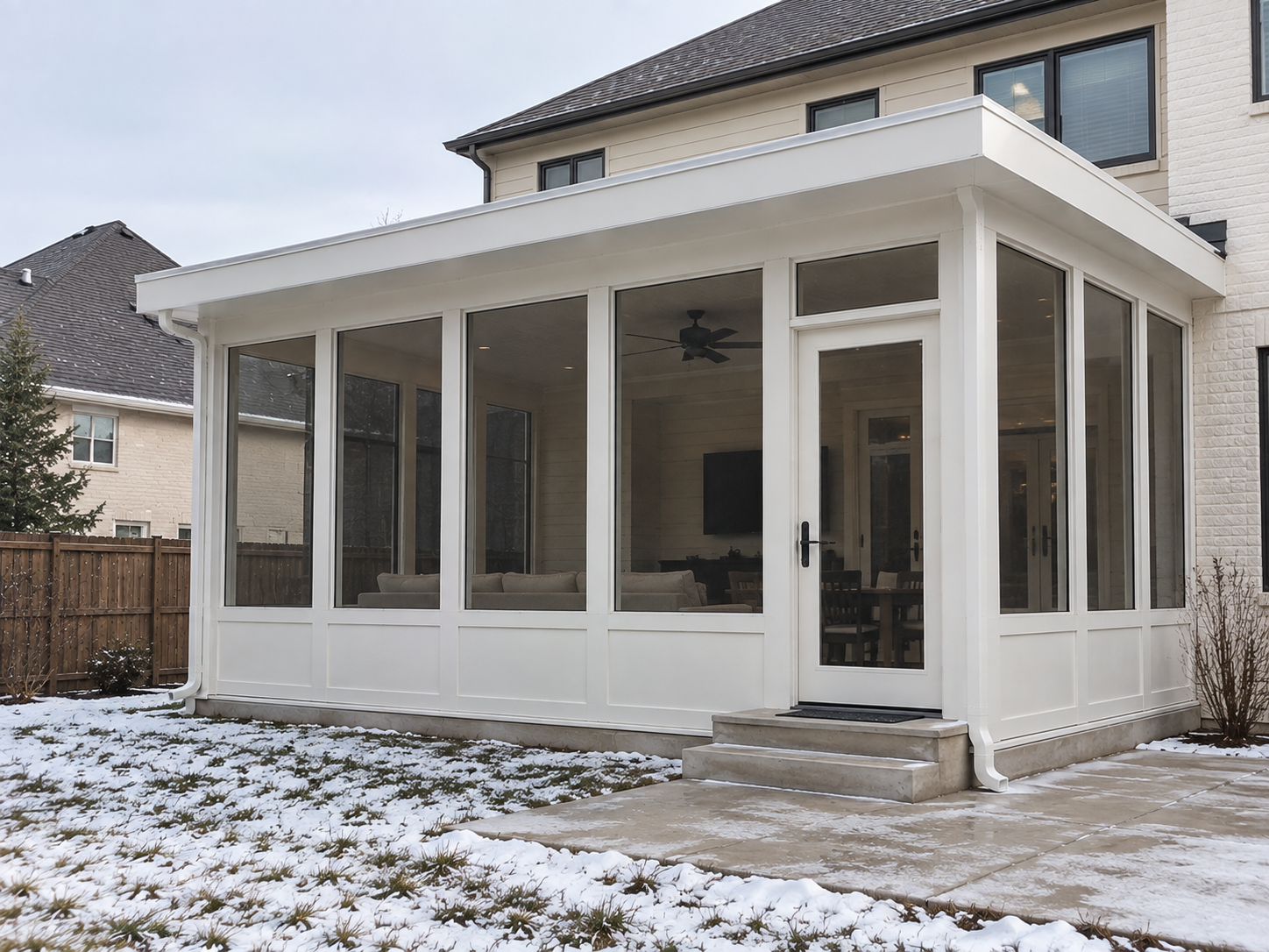 White sunroom with glass walls, raised panels and a flat roof built by Colorado Outdoor Builders in Boulder, Colorado