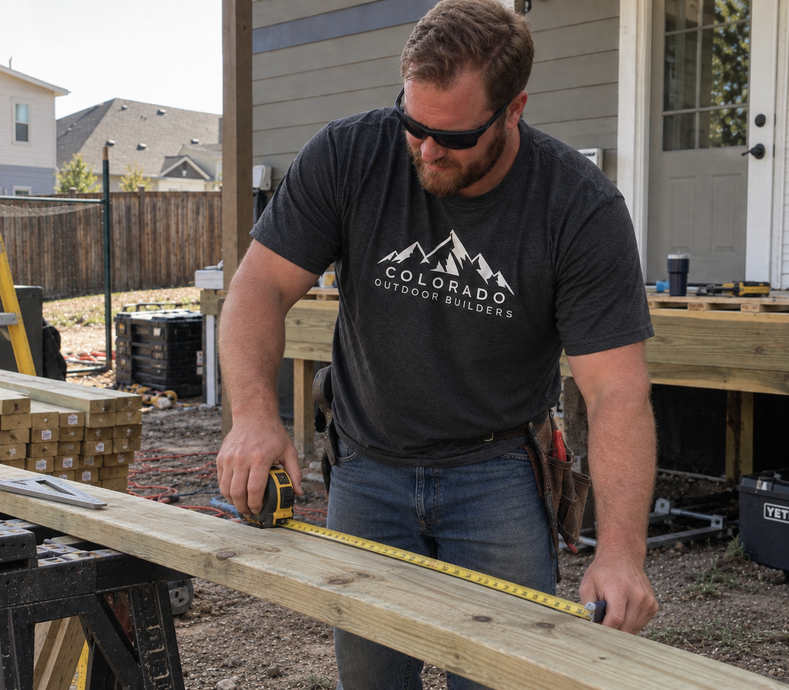 Colorado Outdoor Builders crew building a patio cover in Denver