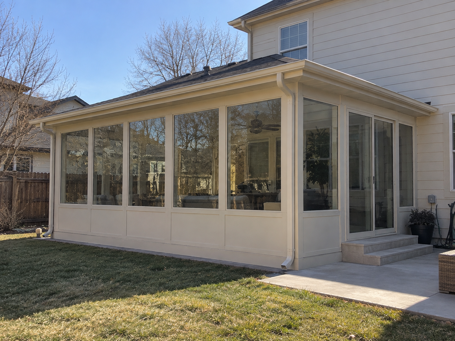 Sunroom with glass walls and a shingled roof built by Colorado Outdoor Builders in Denver, Colorado