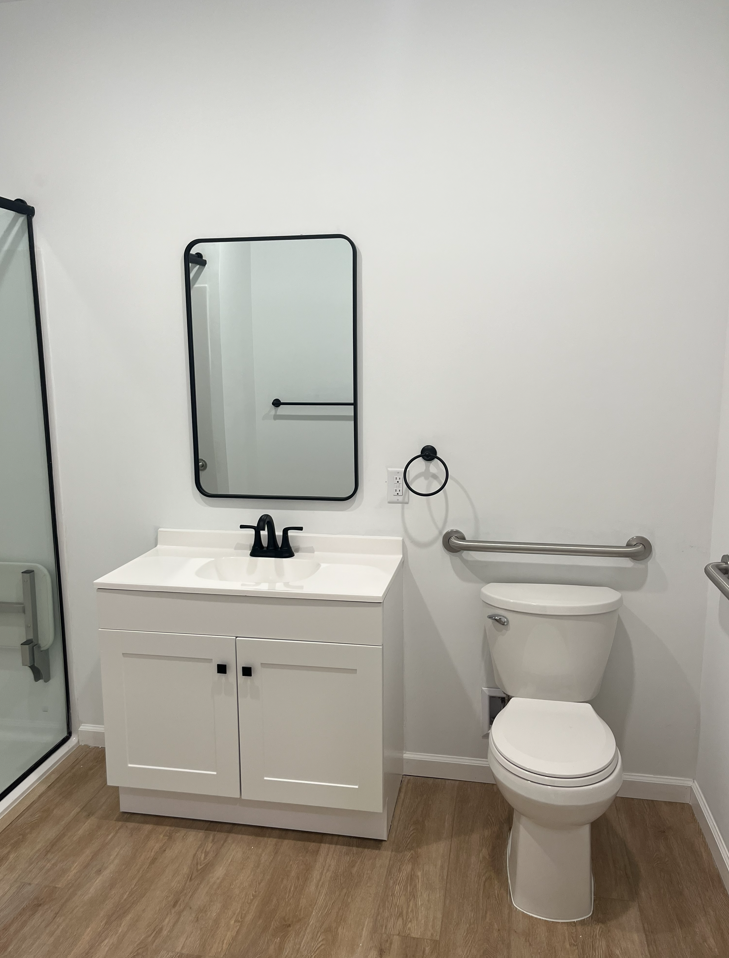 Small bathroom with white vanity, mirror, toilet, and glass shower door on wood-look floor.
