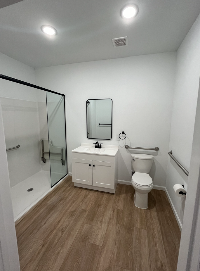 Modern bathroom with glass shower, white vanity, toilet, and wood-look floor.