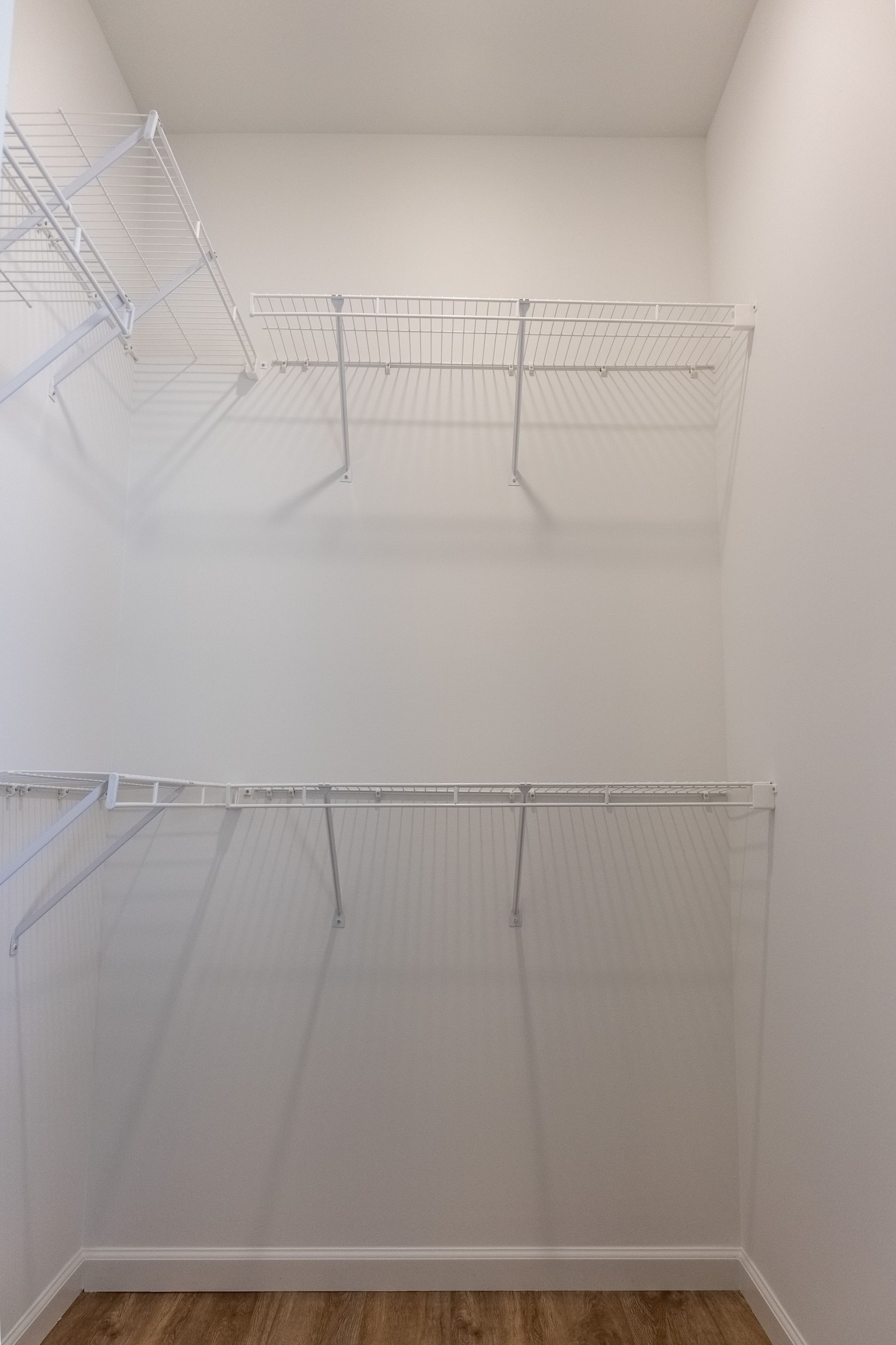 Empty walk-in closet with white wire shelving on three walls and beige carpet.
