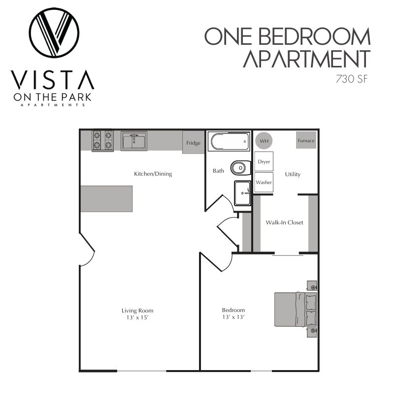 One-bedroom apartment floor plan with living room, bedroom, kitchen, bath, and laundry areas.