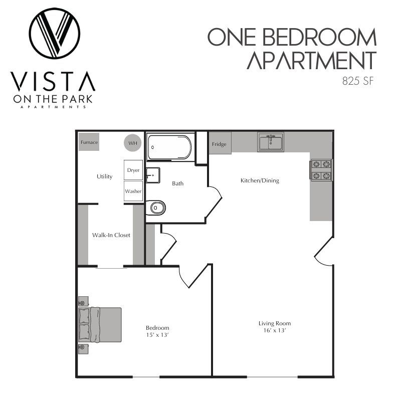 One-bedroom apartment floor plan with kitchen, bath, living room, dining area, laundry, and walk-in closet.