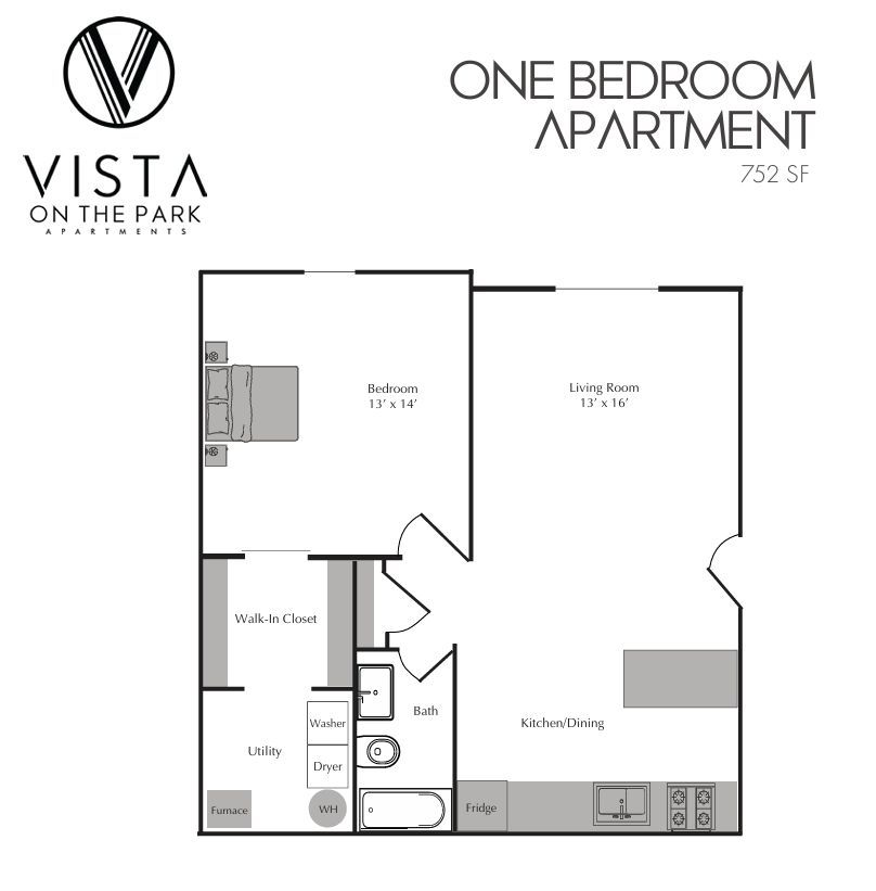One-bedroom apartment floor plan with kitchen, living room, patio, bath, and walk-in closet