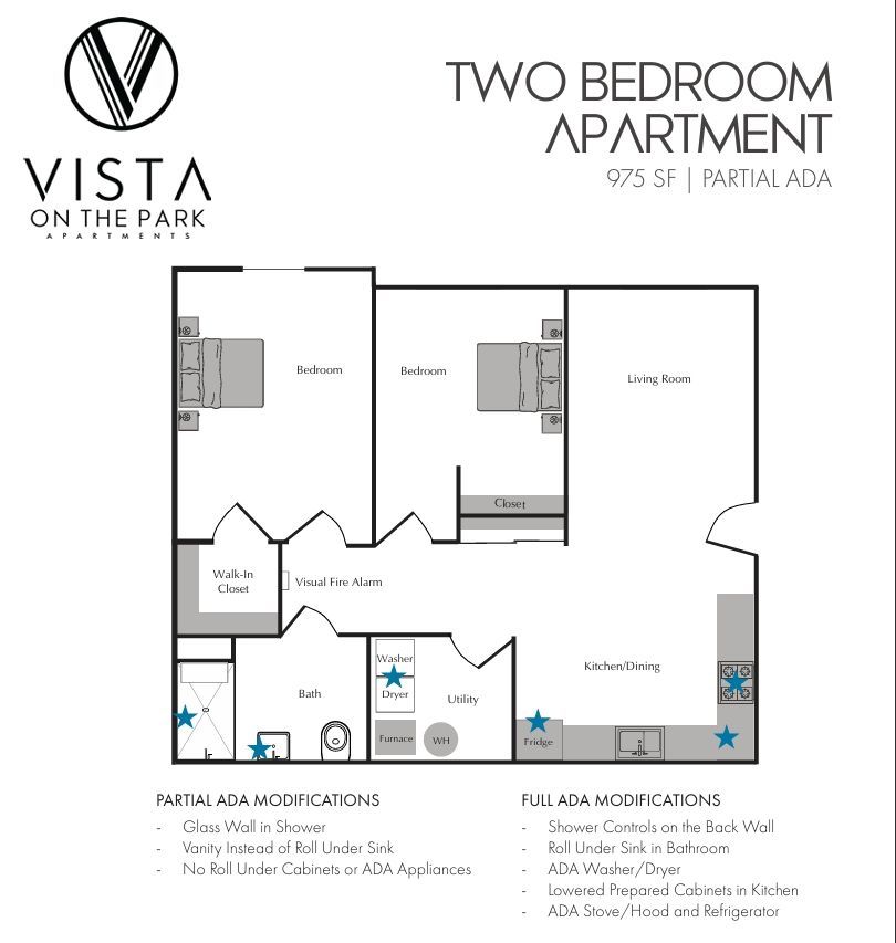 Two-bedroom apartment floor plan with living room, kitchen, bath, and closets, labeled Vista on the Park