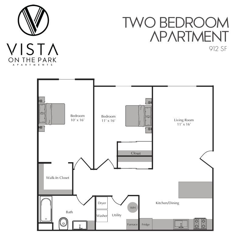 Two-bedroom apartment floor plan, 912 sq ft, with kitchen, living/dining area, bath, and closets