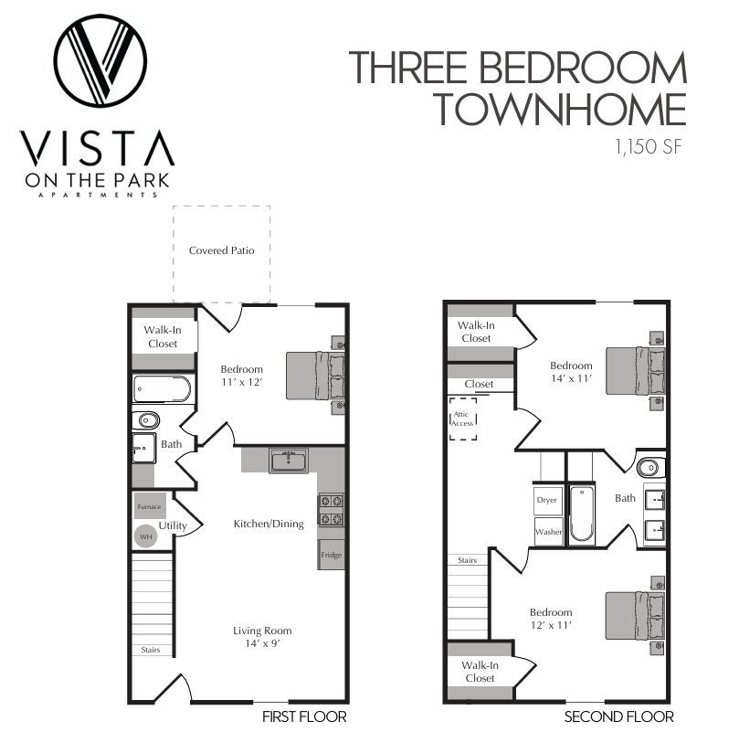 Three-bedroom townhouse floor plan, two-story layout with 1,150 sq ft and Vista on the Park branding