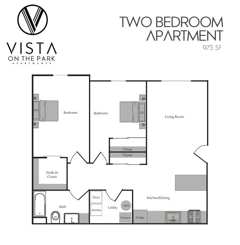 Two-bedroom apartment floor plan with kitchen, bath, living room, and balcony; Vista on the Park logo.