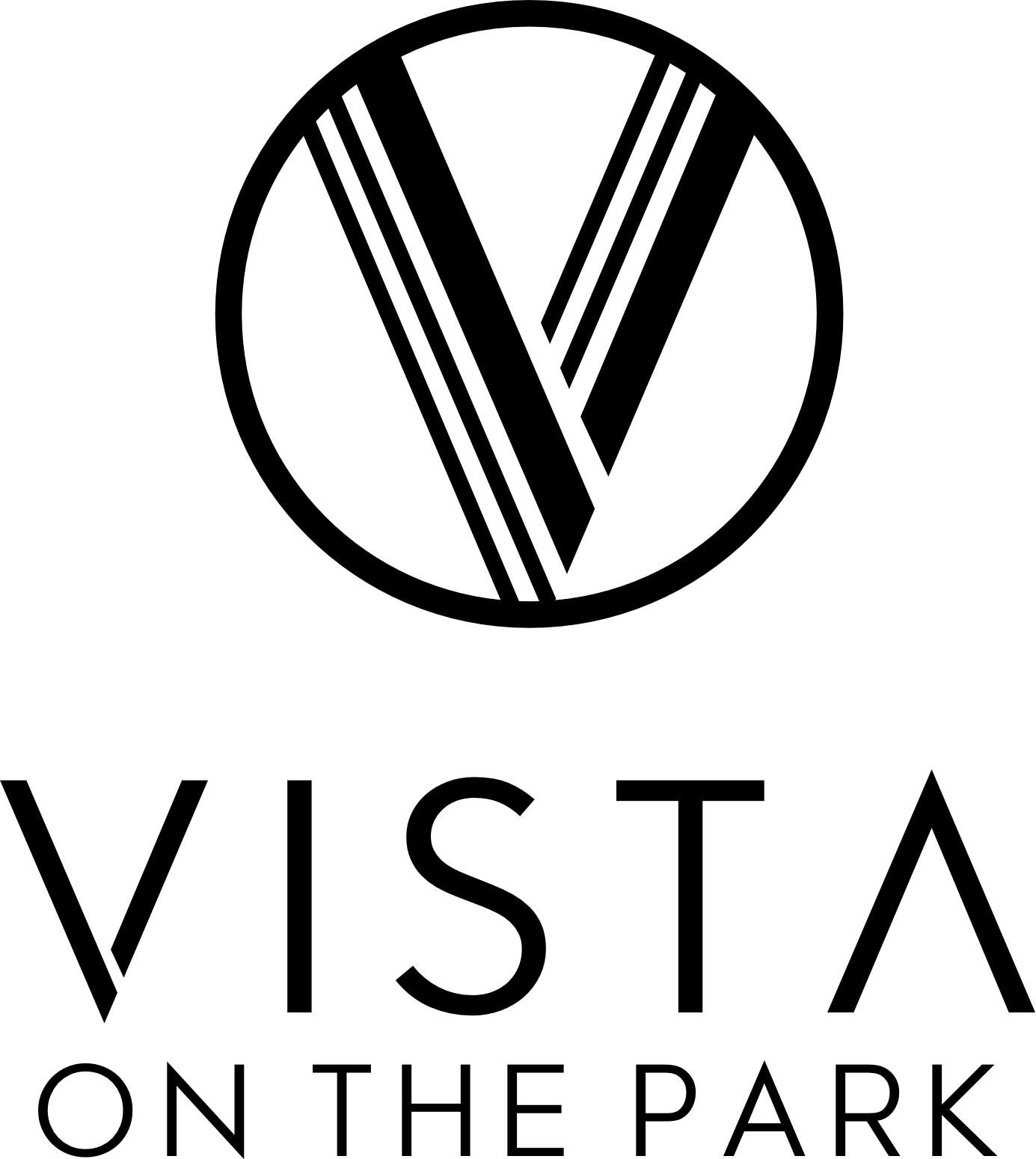 Vista on the Park logo with a stylized black V inside a circle
