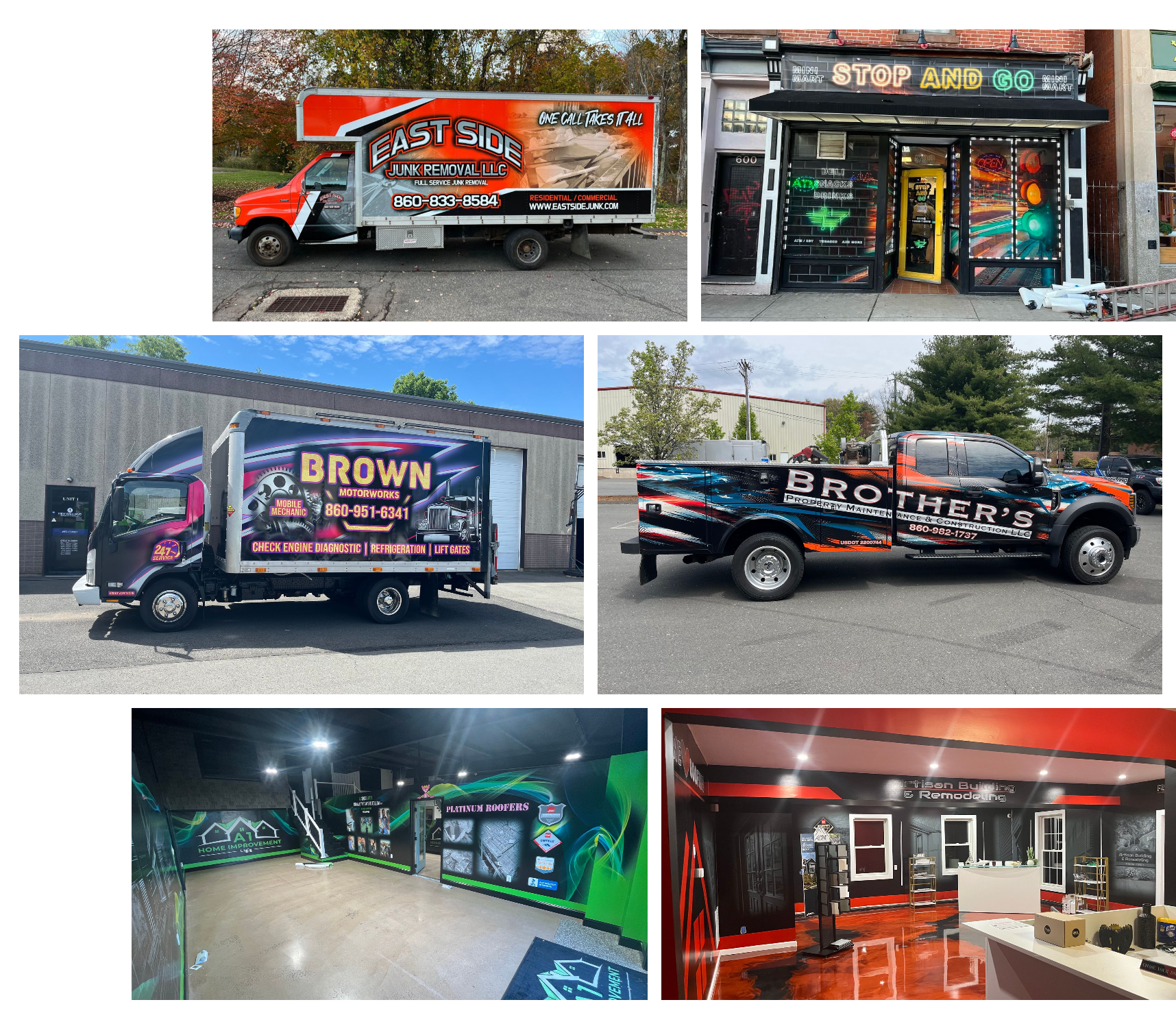 A collage of pictures shows a truck with the word brown on it