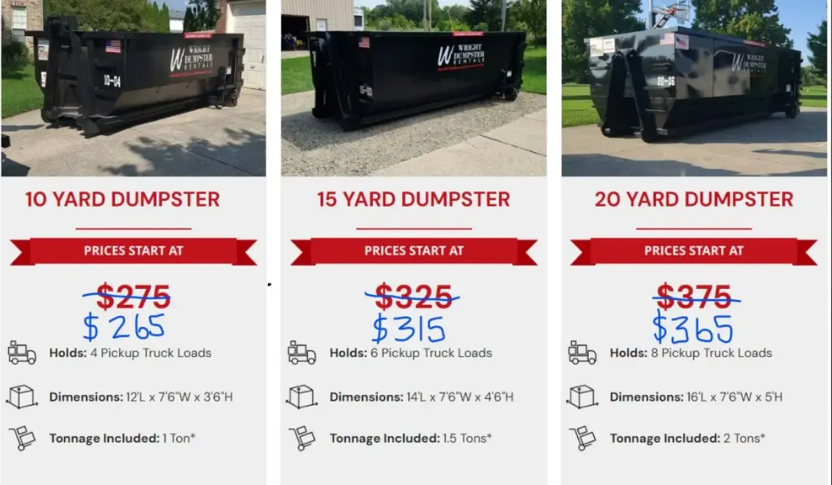 Three advertisements for yard dumpsters with prices starting at $ 275