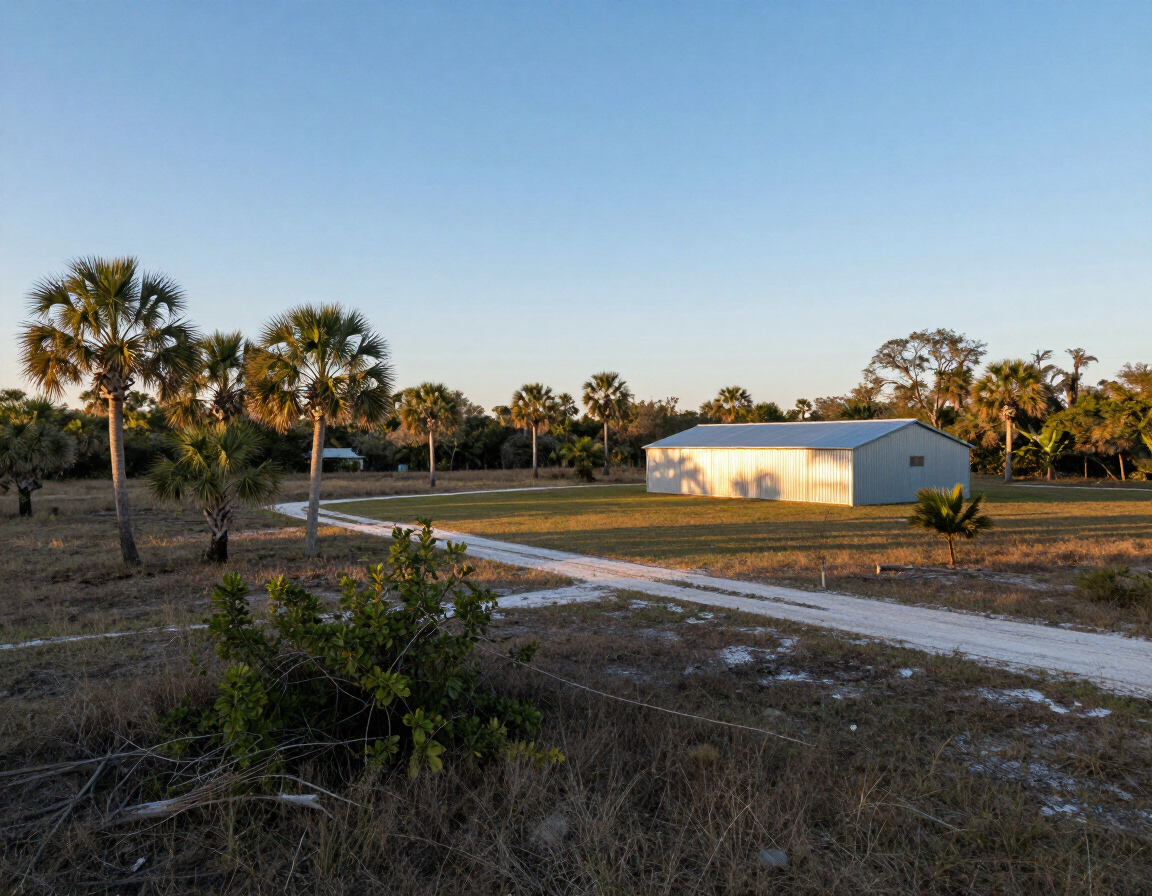 Completed metal building on a flat Central Florida rural property with open land and palm trees