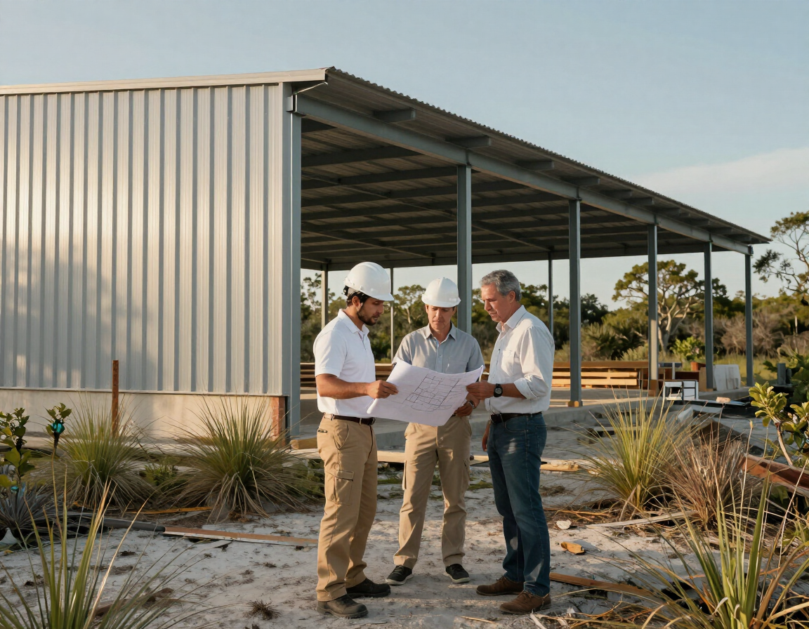 Team member reviewing metal building plans with a property owner on a Florida job site