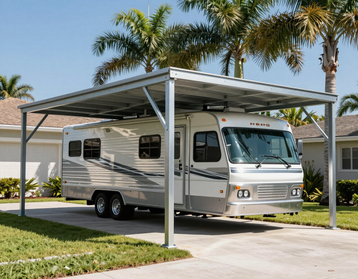 Metal RV cover on Florida residential property