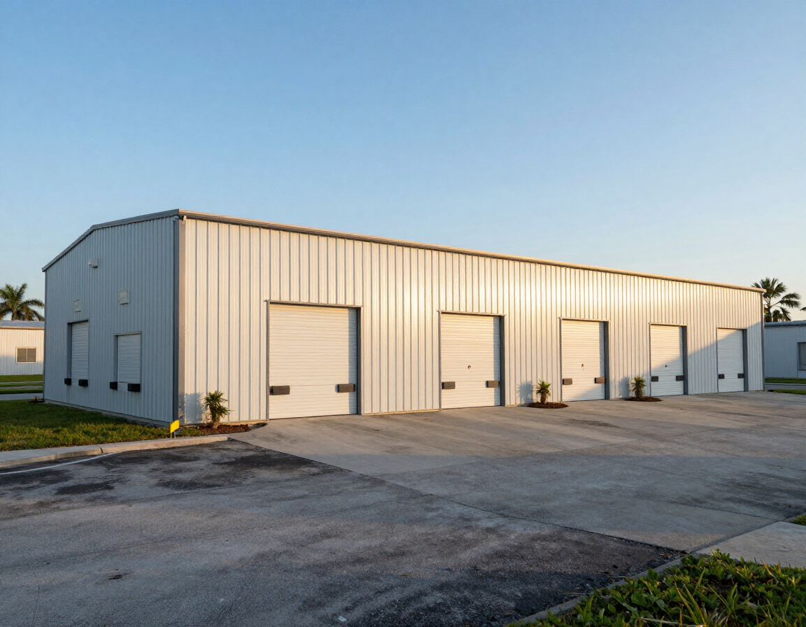 Metal storage building in Florida commercial setting
