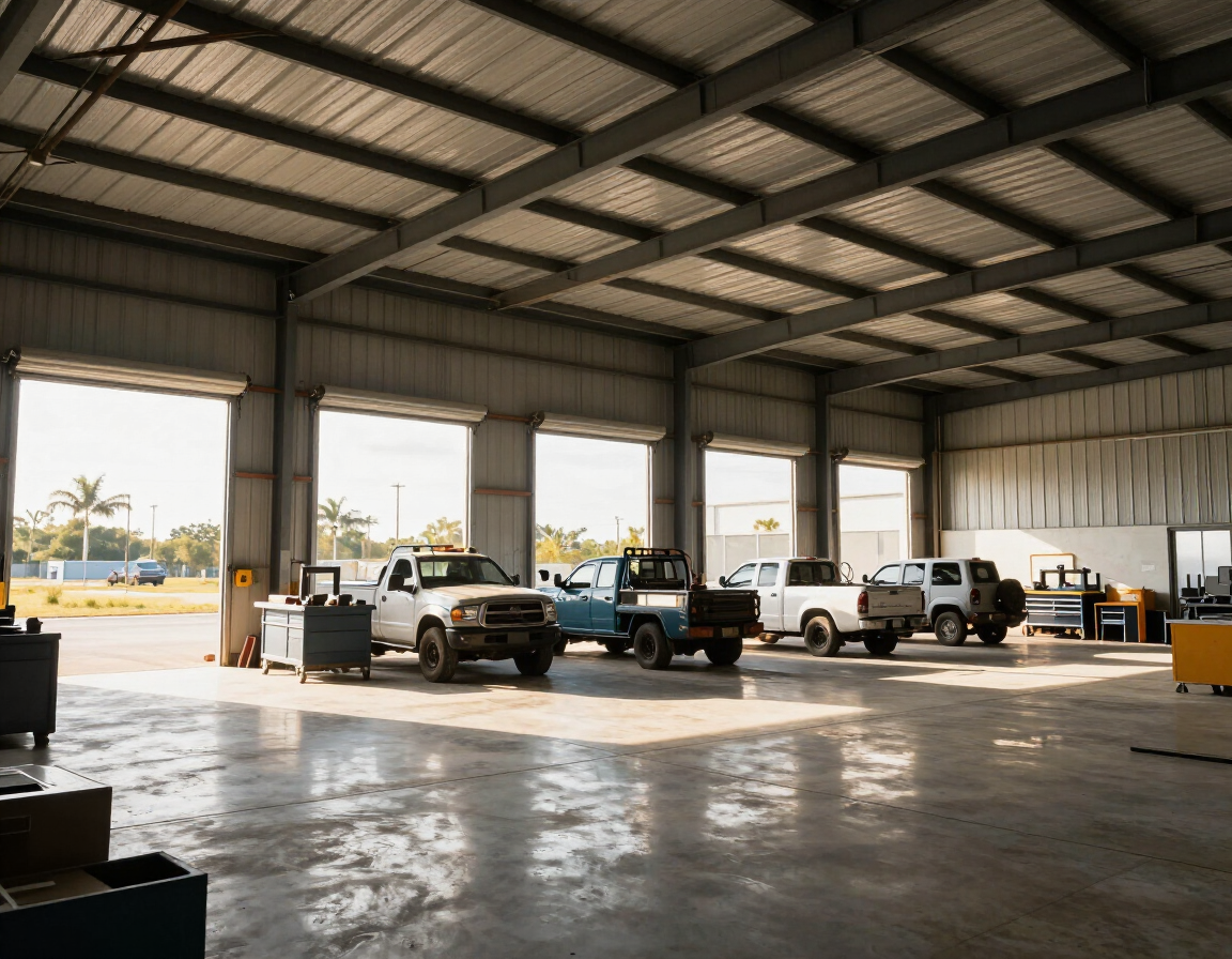 Large metal workshop interior with roll-up doors open and natural light flooding in