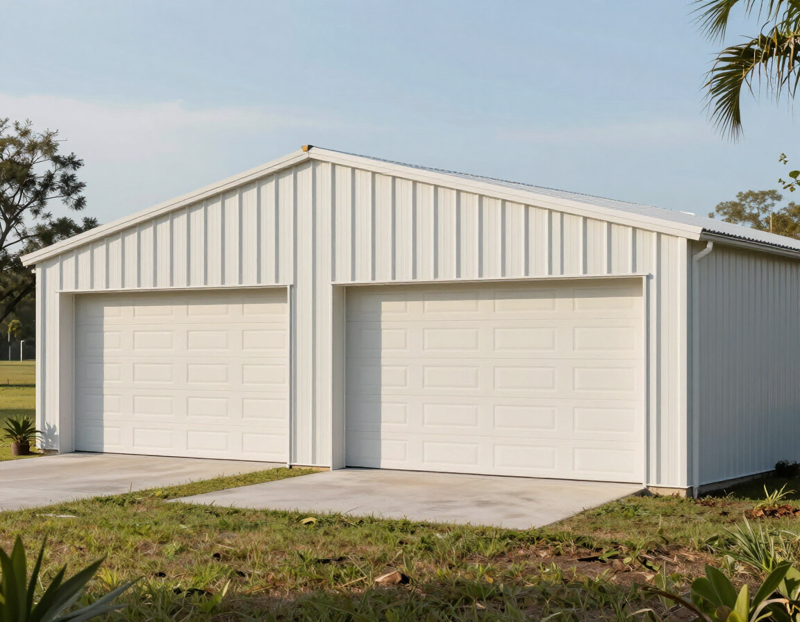 Two-car metal garage with roll-up doors on a Florida residential property