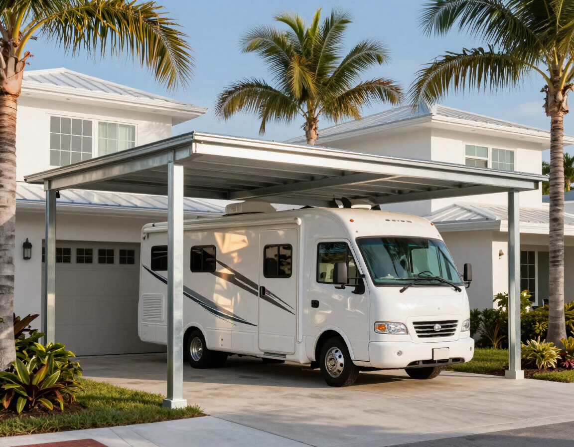 Steel RV cover with motorhome parked underneath on a Florida coastal property