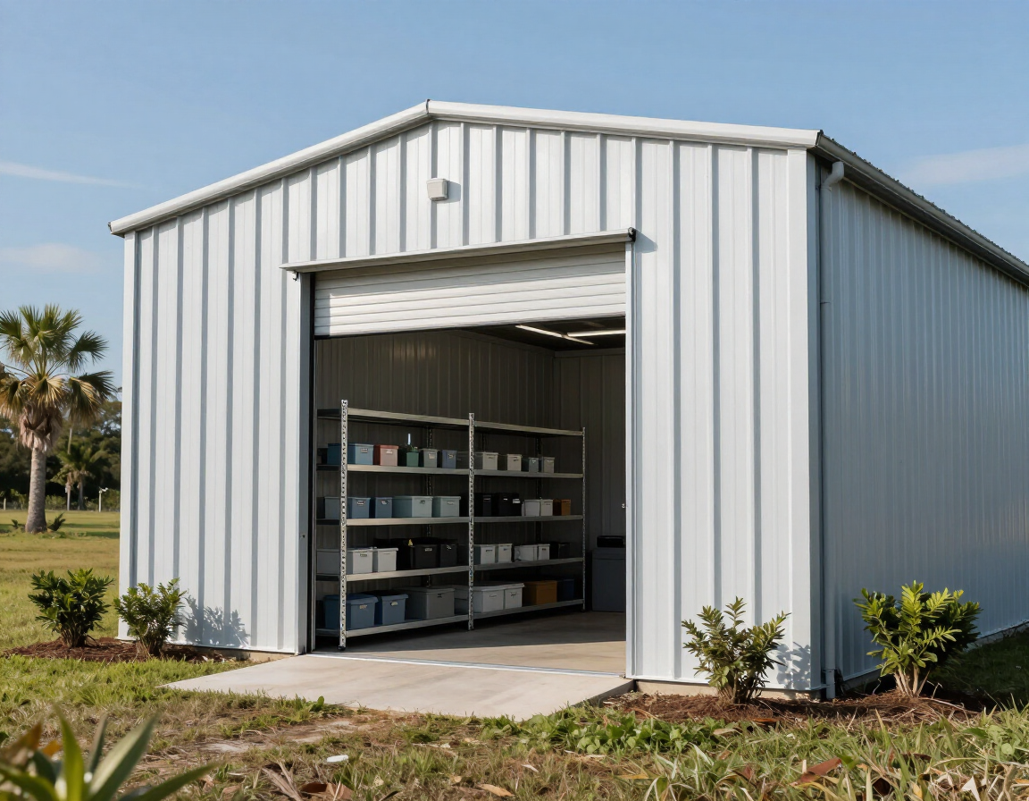 Clean metal storage building with roll-up door open and shelving visible inside