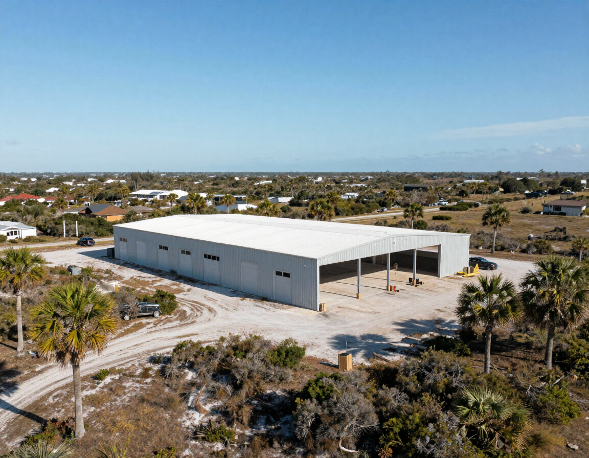 Completed metal garage on a Florida coastal property with palm trees and bright sky