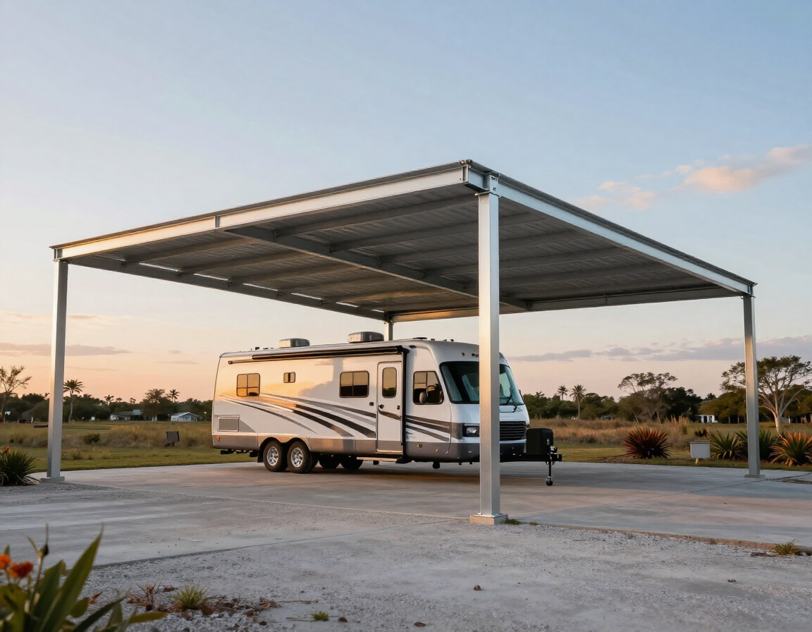 Metal RV cover structure on Florida property