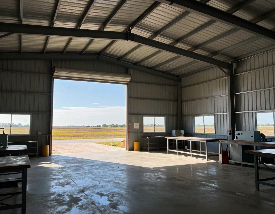Metal workshop interior with open roll-up door