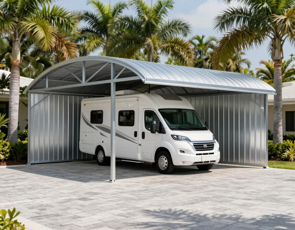 Metal RV cover on Florida property with palms