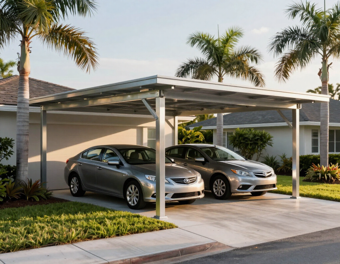 Steel carport covering two vehicles on Florida lot