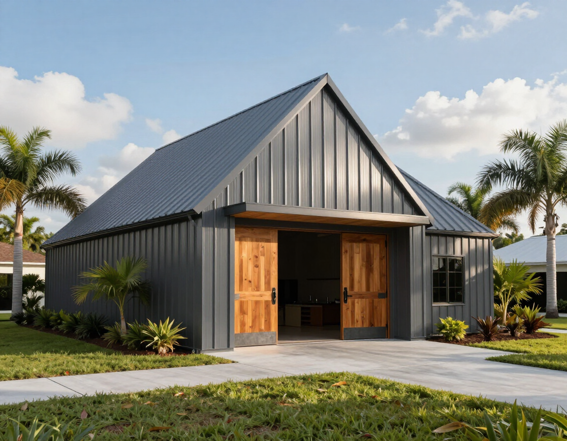 Custom metal building with steep roof on Florida property