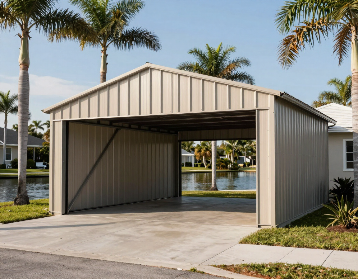 Metal building on Florida coastal-adjacent property with palm trees