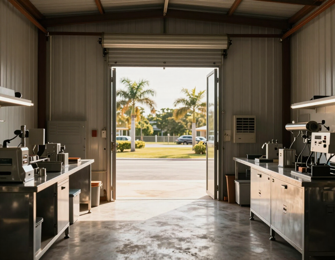 Steel workshop with open double doors on a Florida lot
