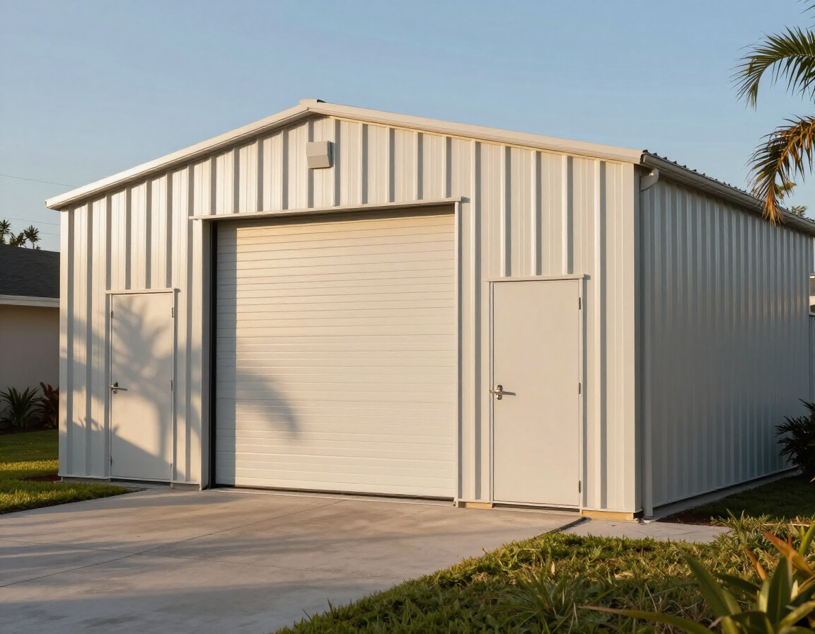 Metal storage building with roll-up door on a Florida property