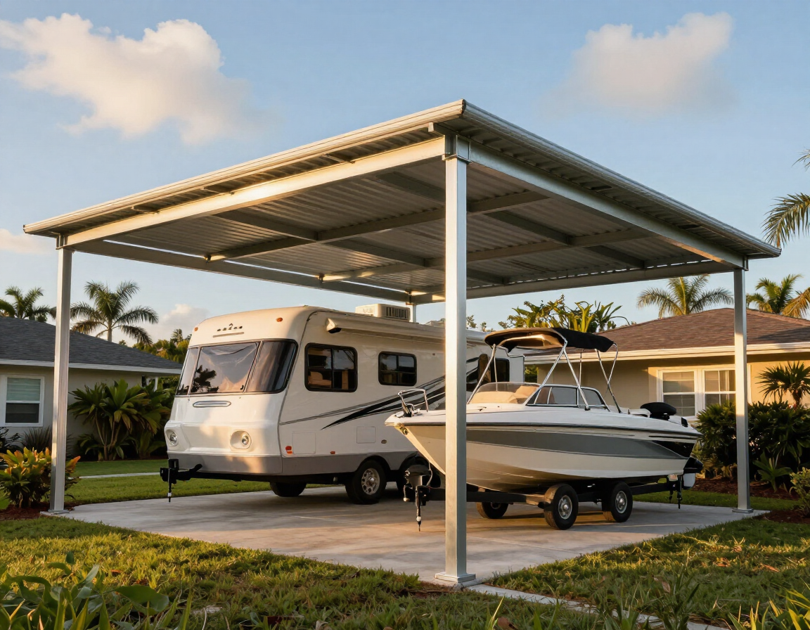 Metal RV cover sheltering a motorhome on a Florida property