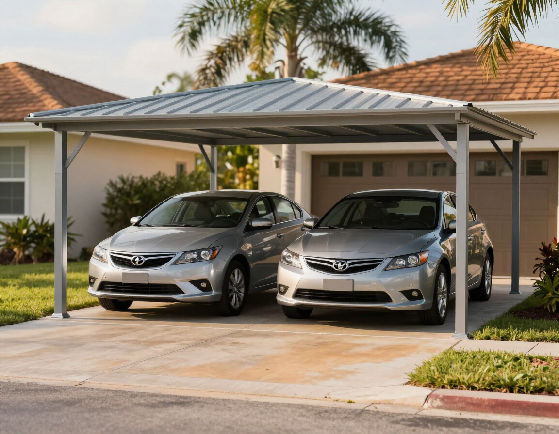 Metal carport over two vehicles on a Florida residential driveway