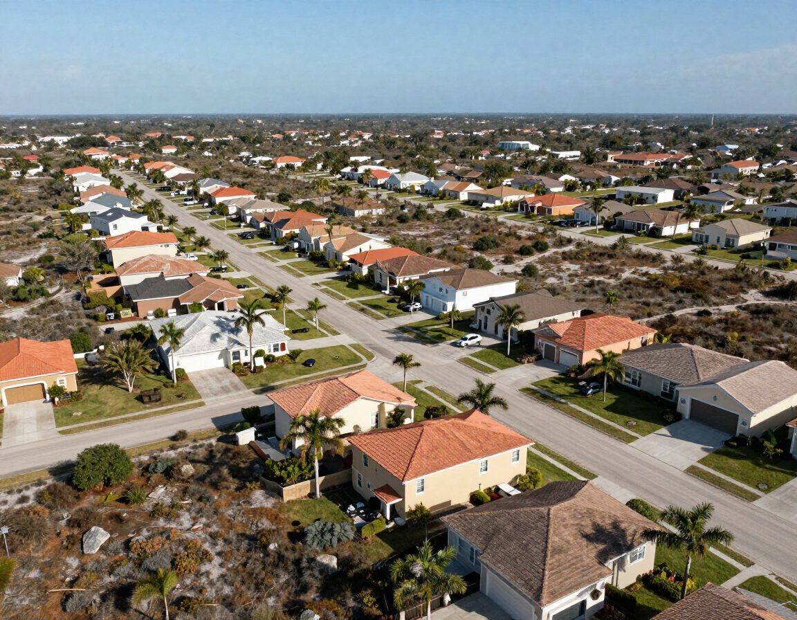 Aerial view of Palm Bay residential neighborhood with large lots