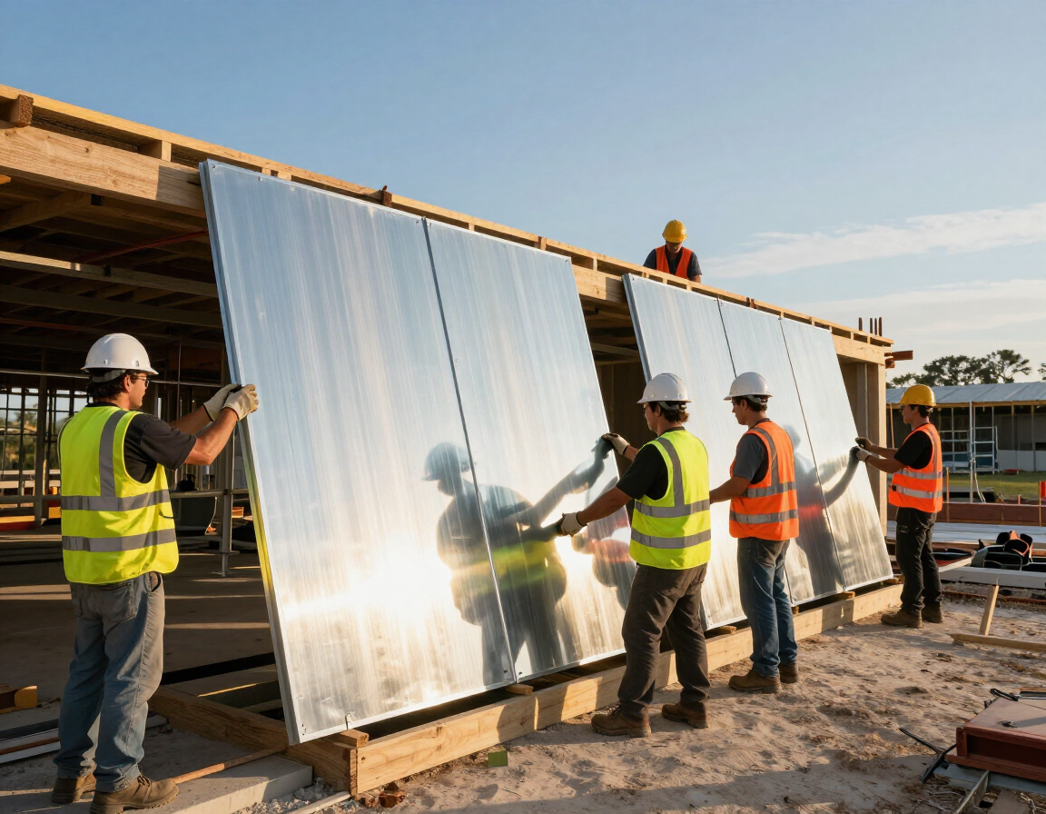 Metal building installation crew on a south Brevard County job site