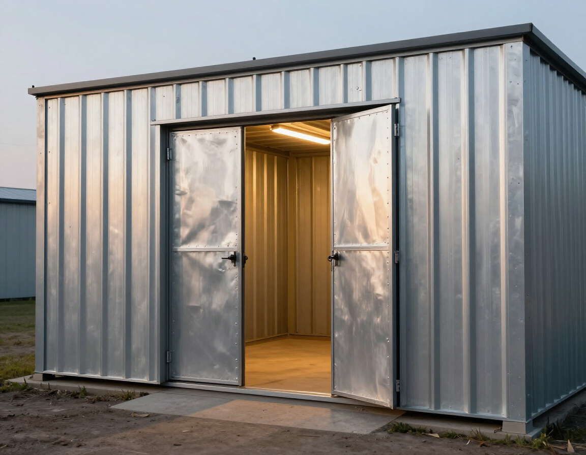 Metal storage building with open double doors