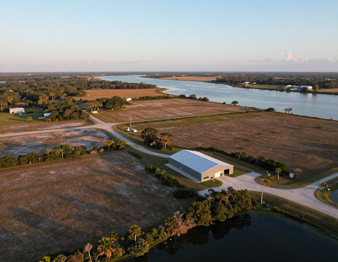 Aerial view of Titusville Florida coastal terrain and rural land
