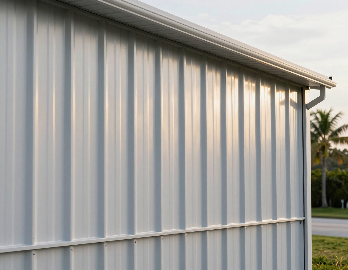 Close-up detail of freshly installed metal building wall with vertical siding and wainscot