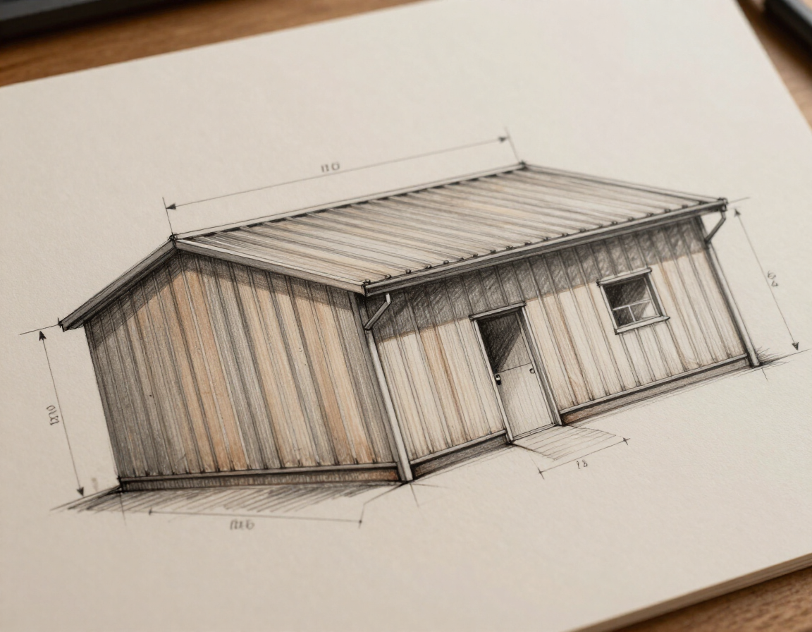 Architectural sketch of metal building with labeled dimensions
