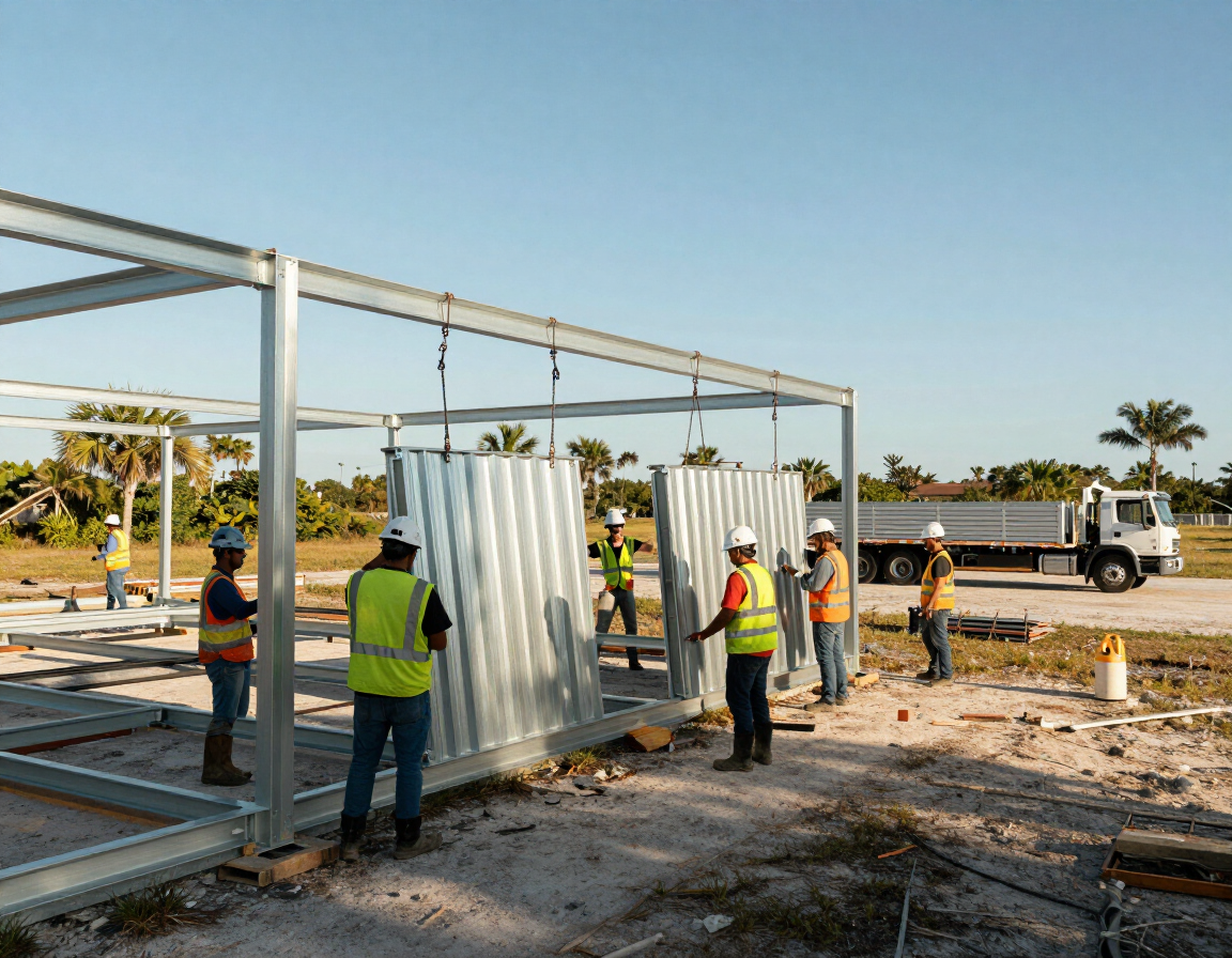 Metal building installation crew assembling steel framing on a Florida property
