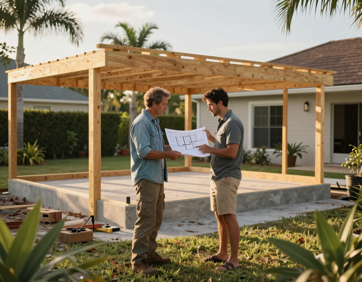 Contractor meeting with Florida homeowner reviewing site plan near carport foundation