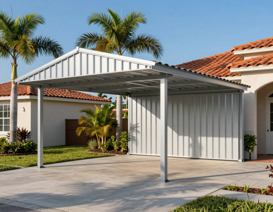 Metal carport with vertical roof panels installed on a Florida property