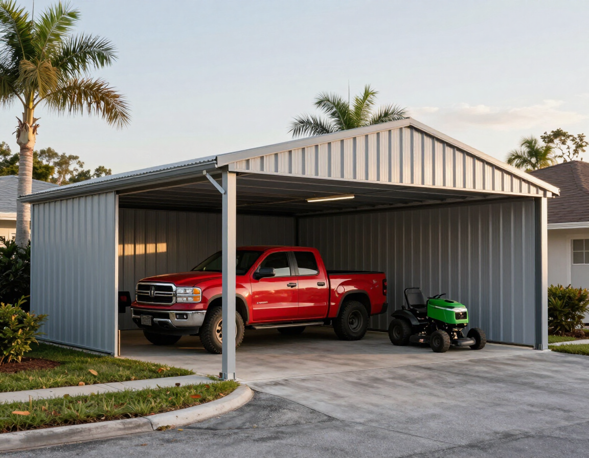 Double-wide metal carport sheltering a pickup truck and riding mower on a Florida property