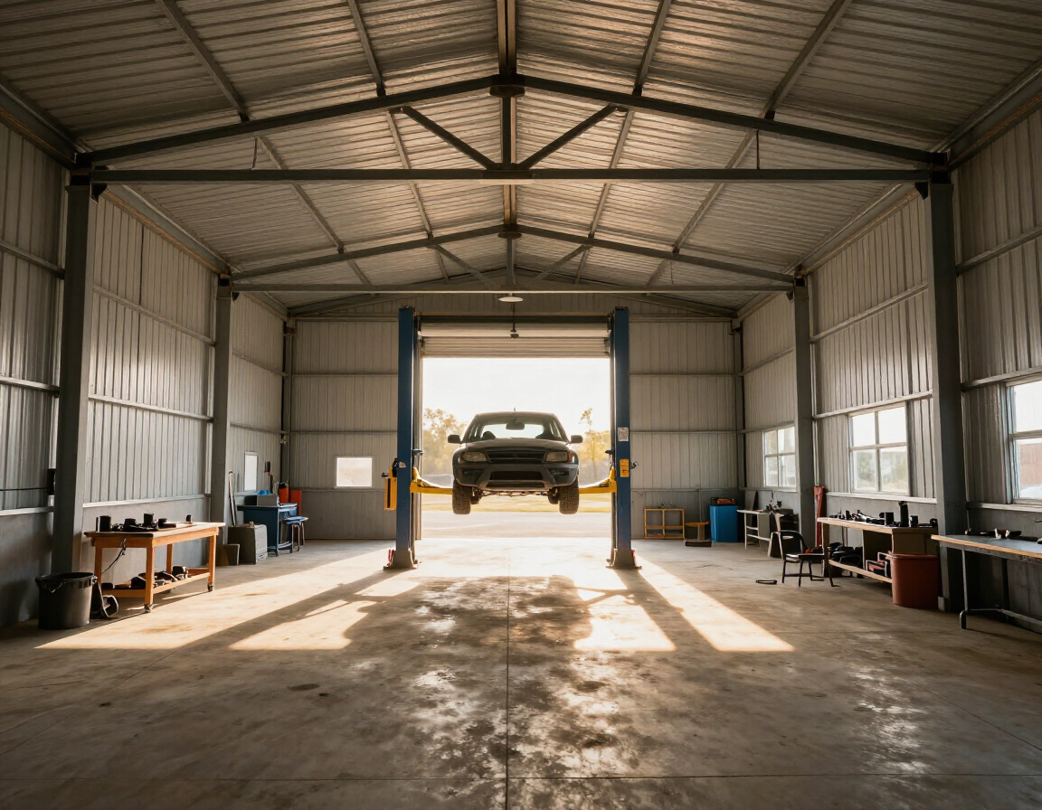 Interior of a wide-clearspan metal workshop with high eave height and auto lift